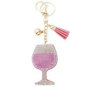 NWT Rhinestone Pink Glass of Wine Puffy Keychain Charm